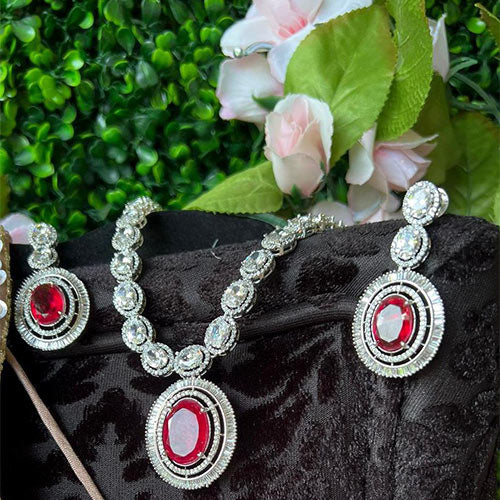 AD & Ruby Stones Elegant Necklace Set with Earrings.