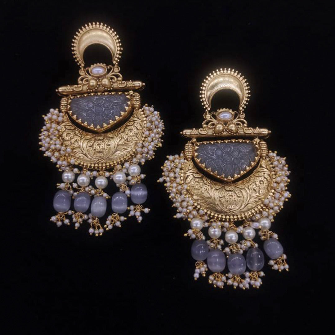 Beautiful-Golden-Earrings-with-grey-shade-and-drops-with-pearls