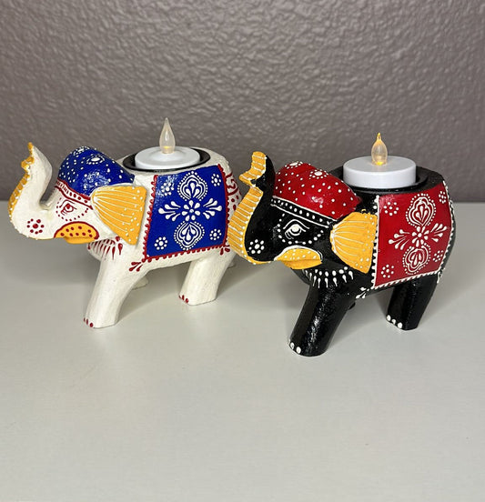 Home Decor Handcrafted and Hand-Painted Colorful Wooden Elephant Tea Light Holder