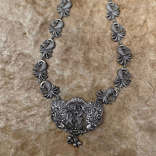 oxidised-silver-radha krishna-long-necklace